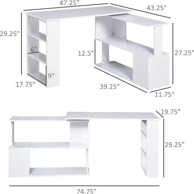 Alt view image 3 of 7 - HOMCOM L Shaped Desk, Corner Computer Desk, 360 Degree Rotating Home Office Desk with Storage Shelves, Writing Table Workstation, White