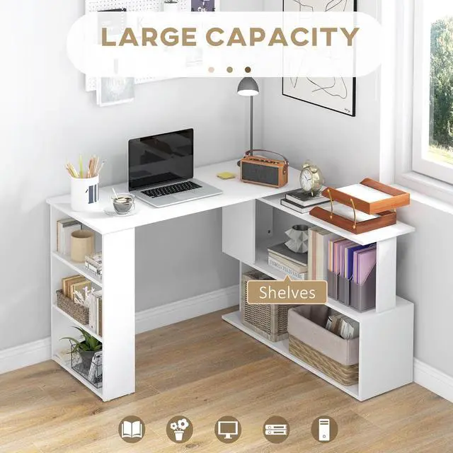 Alt view image 4 of 7 - HOMCOM L Shaped Desk, Corner Computer Desk, 360 Degree Rotating Home Office Desk with Storage Shelves, Writing Table Workstation, White