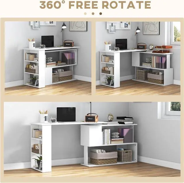 Alt view image 5 of 7 - HOMCOM L Shaped Desk, Corner Computer Desk, 360 Degree Rotating Home Office Desk with Storage Shelves, Writing Table Workstation, White