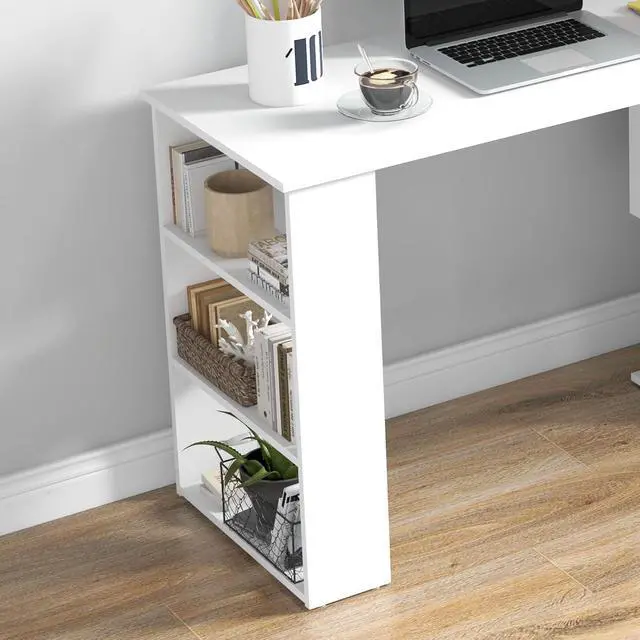 Alt view image 6 of 7 - HOMCOM L Shaped Desk, Corner Computer Desk, 360 Degree Rotating Home Office Desk with Storage Shelves, Writing Table Workstation, White