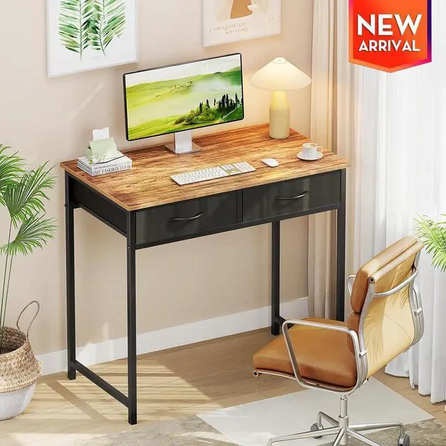 Alt view image 2 of 7 - WOHOMO Small Computer Desk with Drawers, 31.5 Inch Rustic Vanity Desk with Storage, Home Office Computer Desk for Small Spaces, Modern Work Writing Study Table, Rustic