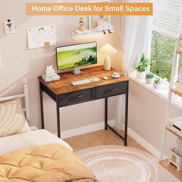Alt view image 5 of 7 - WOHOMO Small Computer Desk with Drawers, 31.5 Inch Rustic Vanity Desk with Storage, Home Office Computer Desk for Small Spaces, Modern Work Writing Study Table, Rustic