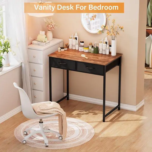Alt view image 4 of 7 - WOHOMO Small Computer Desk with Drawers, 31.5 Inch Rustic Vanity Desk with Storage, Home Office Computer Desk for Small Spaces, Modern Work Writing Study Table, Rustic