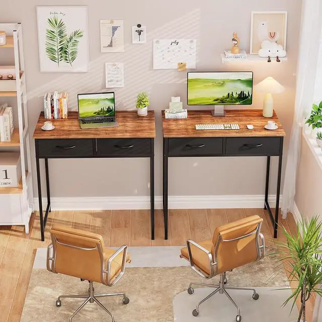 Alt view image 6 of 7 - WOHOMO Small Computer Desk with Drawers, 31.5 Inch Rustic Vanity Desk with Storage, Home Office Computer Desk for Small Spaces, Modern Work Writing Study Table, Rustic