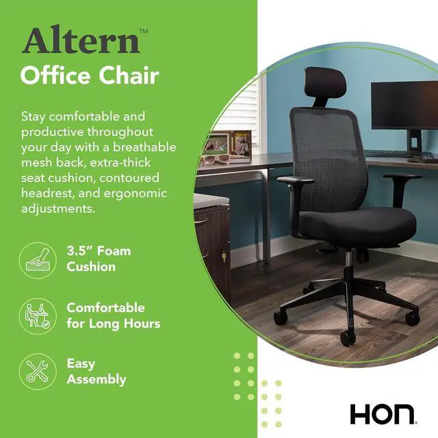 Alt view image 3 of 6 - HON Altern Ergonomic Office Chair with Headrest, Arms, Wheels, Foam Cushion Seat, Mid Back Home Office Desk Chair Comfy, Height Adjustable Arms, Synchro-Tilt, Seat-Slide, Black