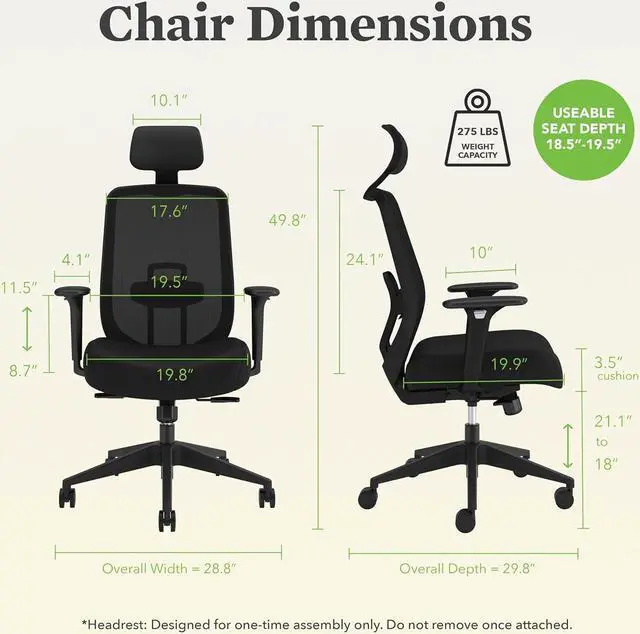 Alt view image 2 of 6 - HON Altern Ergonomic Office Chair with Headrest, Arms, Wheels, Foam Cushion Seat, Mid Back Home Office Desk Chair Comfy, Height Adjustable Arms, Synchro-Tilt, Seat-Slide, Black