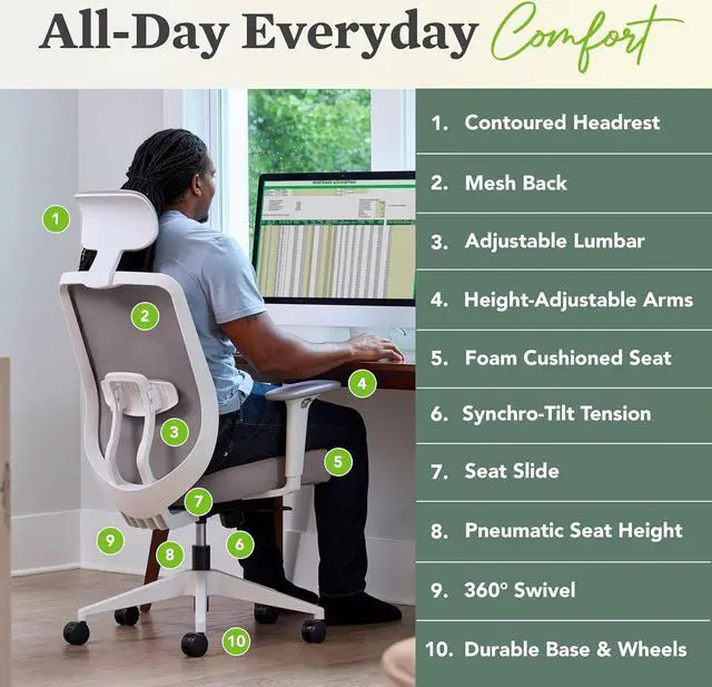 Alt view image 4 of 6 - HON Altern Ergonomic Office Chair with Headrest, Arms, Wheels, Foam Cushion Seat, Mid Back Home Office Desk Chair Comfy, Height Adjustable Arms, Synchro-Tilt, Seat-Slide, Black