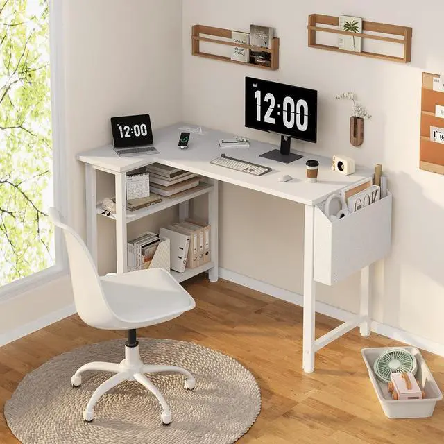 Alt view image 2 of 7 - DLisiting White L Shaped Computer Desk with Power Outlet Shelves, 40 Inch Small Corner Desk for Small Space Home Office, Study Work PC Desks for Bedroom, White