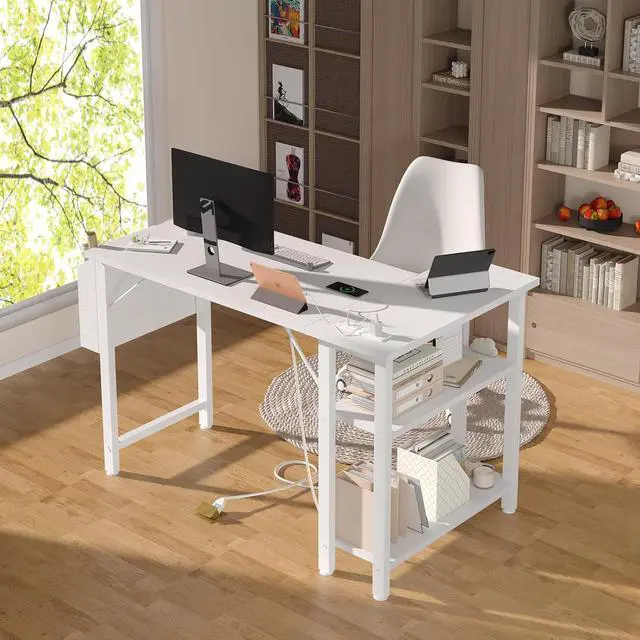 Alt view image 4 of 7 - DLisiting White L Shaped Computer Desk with Power Outlet Shelves, 40 Inch Small Corner Desk for Small Space Home Office, Study Work PC Desks for Bedroom, White