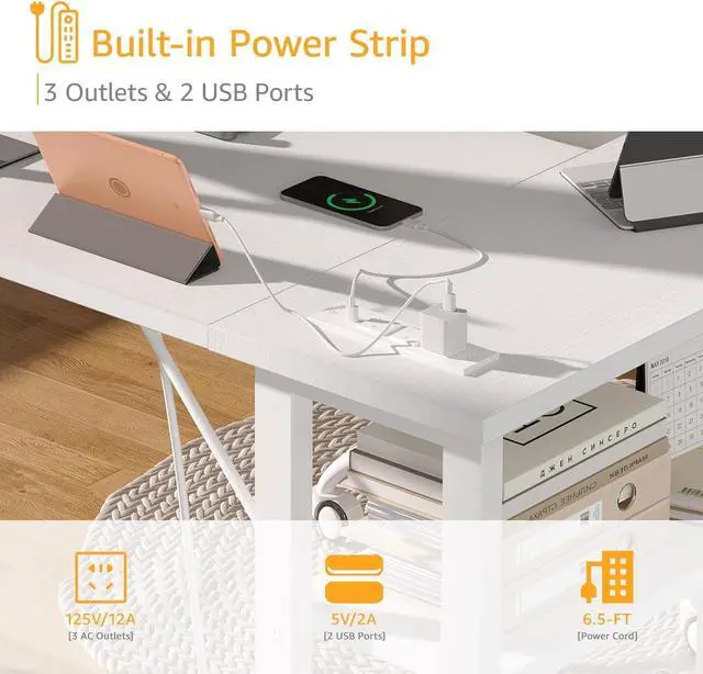 Alt view image 6 of 7 - DLisiting White L Shaped Computer Desk with Power Outlet Shelves, 40 Inch Small Corner Desk for Small Space Home Office, Study Work PC Desks for Bedroom, White