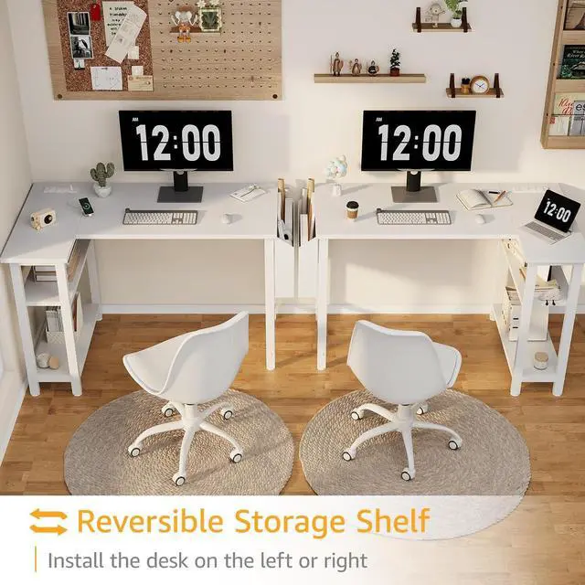 Alt view image 5 of 7 - DLisiting White L Shaped Computer Desk with Power Outlet Shelves, 40 Inch Small Corner Desk for Small Space Home Office, Study Work PC Desks for Bedroom, White
