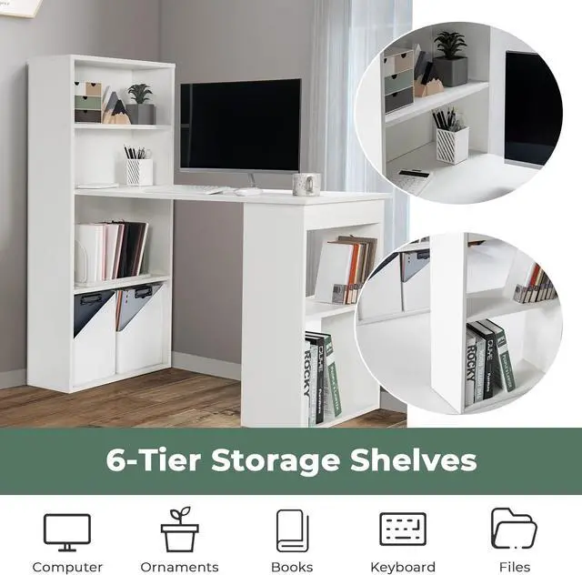 Alt view image 4 of 7 - GRAFFY Computer Desk with 6 Storage Shelves - 48" Reversible Writing Desk Workstation with Bookshelf and CPU Stand, Modern Compact Office Desk for Bedroom, Study, Home, Office (White)