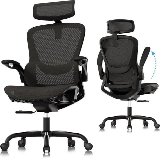 Main image of GABRYLLY Ergonomic Mesh Office Chair, Adjustable Home Desk Chair with Folding Armrest, 2D Headrest, Soft Seat and PU Wheel, Black Swivel Task Chair for Office, Business, Student (GY1108)