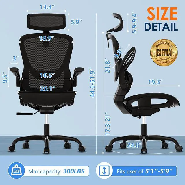 Alt view image 2 of 7 - GABRYLLY Ergonomic Mesh Office Chair, Adjustable Home Desk Chair with Folding Armrest, 2D Headrest, Soft Seat and PU Wheel, Black Swivel Task Chair for Office, Business, Student (GY1108)