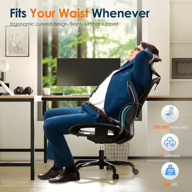 Alt view image 3 of 7 - GABRYLLY Ergonomic Mesh Office Chair, Adjustable Home Desk Chair with Folding Armrest, 2D Headrest, Soft Seat and PU Wheel, Black Swivel Task Chair for Office, Business, Student (GY1108)