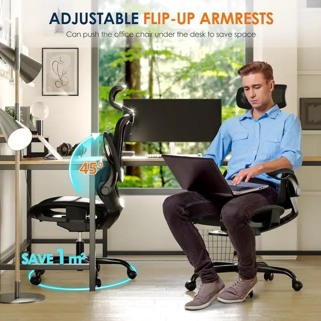 Alt view image 4 of 7 - GABRYLLY Ergonomic Mesh Office Chair, Adjustable Home Desk Chair with Folding Armrest, 2D Headrest, Soft Seat and PU Wheel, Black Swivel Task Chair for Office, Business, Student (GY1108)