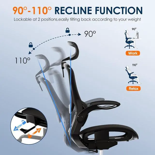 Alt view image 6 of 7 - GABRYLLY Ergonomic Mesh Office Chair, Adjustable Home Desk Chair with Folding Armrest, 2D Headrest, Soft Seat and PU Wheel, Black Swivel Task Chair for Office, Business, Student (GY1108)