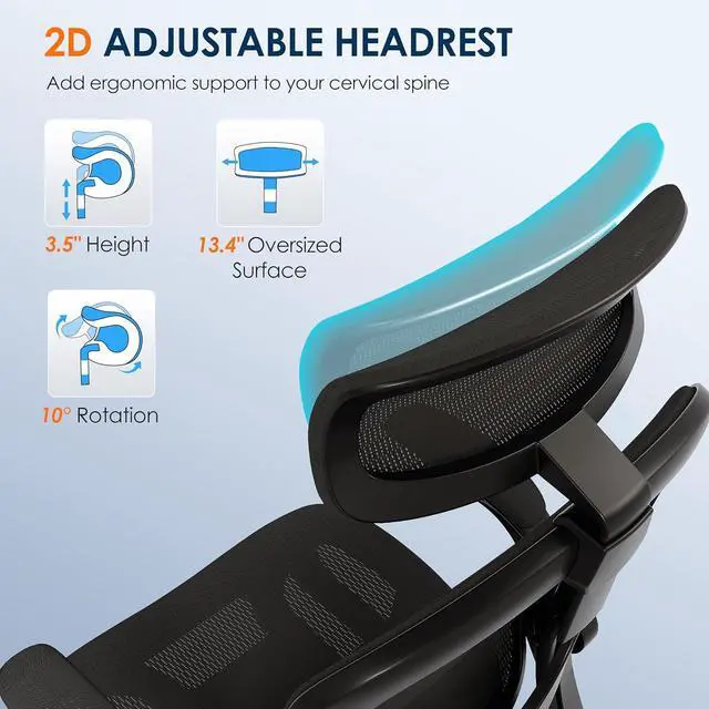 Alt view image 7 of 7 - GABRYLLY Ergonomic Mesh Office Chair, Adjustable Home Desk Chair with Folding Armrest, 2D Headrest, Soft Seat and PU Wheel, Black Swivel Task Chair for Office, Business, Student (GY1108)