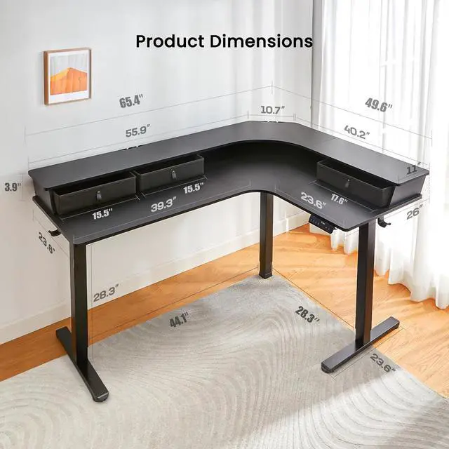 Alt view image 2 of 6 - ErGear 65 L Shaped Corner Standing Desk, 3 Drawers & 2 Cable Management Trays Large Stand up Desk, C-Clamp Mount Compatible Height Adjustable Desk for Home Office, Black