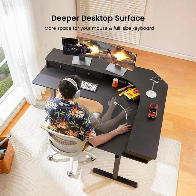 Alt view image 5 of 6 - ErGear 65 L Shaped Corner Standing Desk, 3 Drawers & 2 Cable Management Trays Large Stand up Desk, C-Clamp Mount Compatible Height Adjustable Desk for Home Office, Black