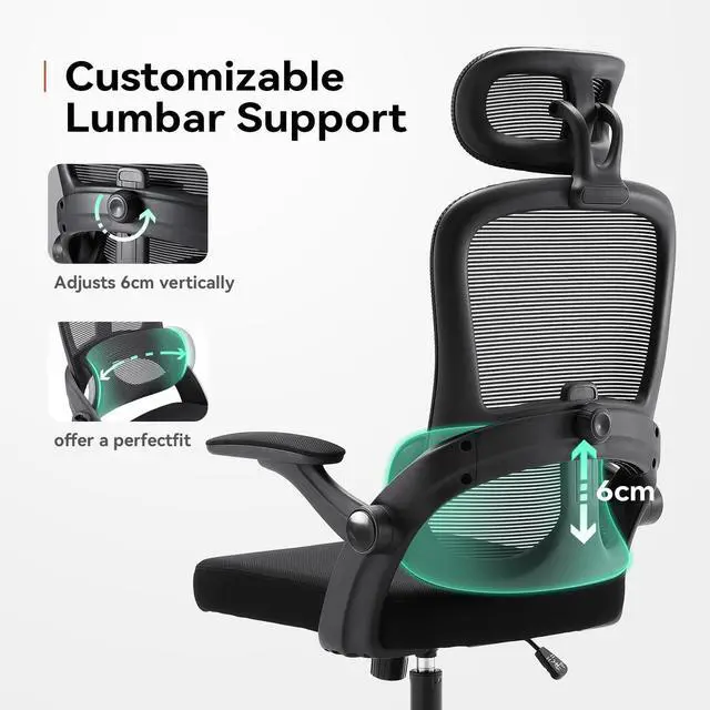 Alt view image 4 of 7 - SIHOO Ergonomic Office Chair, Adjustable Lumbar Support, 110-130° Tilt, 3D Armrests, Rolling Computer Desk Chair with Headrest Black