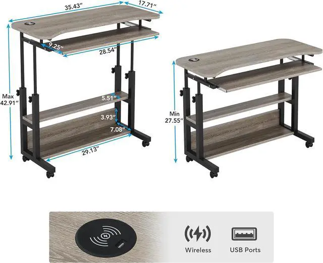 Alt view image 2 of 7 - Tribesigns Portable Desk with Power Outlets, Height Adjustable Side Table Sofa Couch Bedside Laptop Computer Cart with USB Charging Ports, Mobile Small Standing Desk with Keyboard Tray