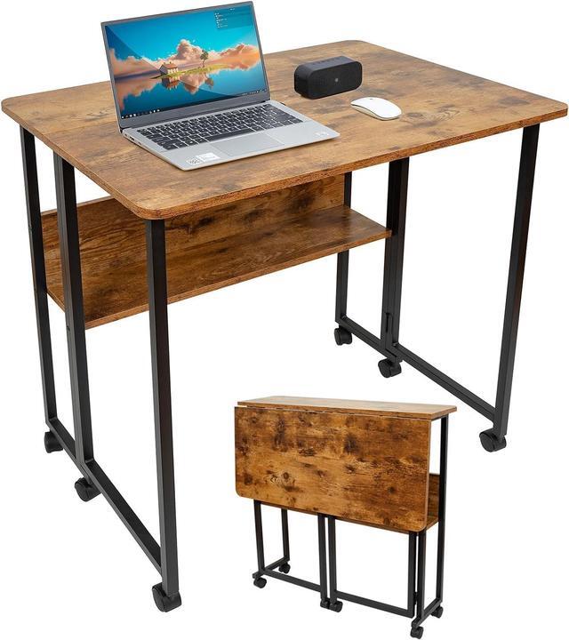 Main image of Mobile Foldable Desk w/Wheels and Feet Pads, Foldable Computer Desk, Folding Desk, Small Computer Desk for Small Spaces, Folding Table for Office Bedroom Living Room-Rustic Brown
