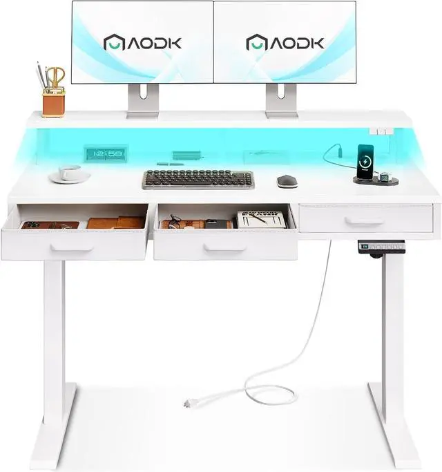 Main image of AODK Electric Standing Desk with Drawers, 47 Inch Height Adjustable Small Desk with Power Outlets & LED Lights, Sit Stand Table with Monitor Stand for Home, Office, Workstation, White