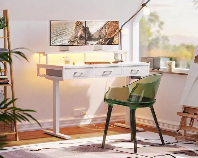 Alt view image 2 of 7 - AODK Electric Standing Desk with Drawers, 47 Inch Height Adjustable Small Desk with Power Outlets & LED Lights, Sit Stand Table with Monitor Stand for Home, Office, Workstation, White