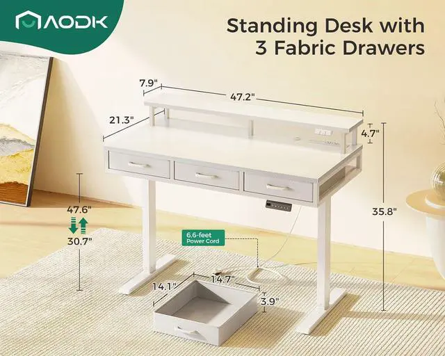 Alt view image 3 of 7 - AODK Electric Standing Desk with Drawers, 47 Inch Height Adjustable Small Desk with Power Outlets & LED Lights, Sit Stand Table with Monitor Stand for Home, Office, Workstation, White