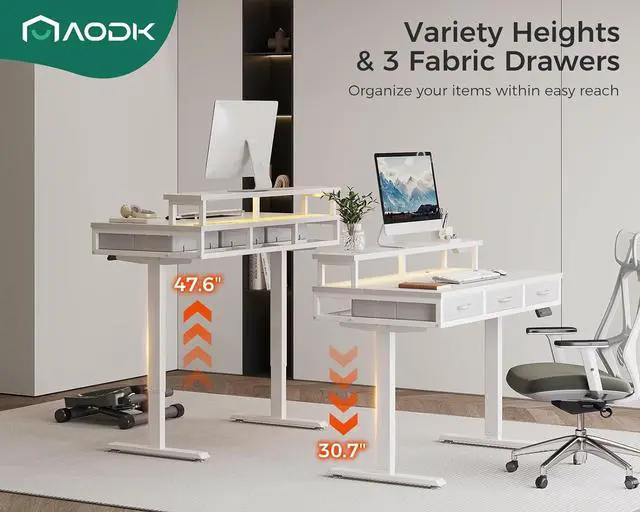 Alt view image 4 of 7 - AODK Electric Standing Desk with Drawers, 47 Inch Height Adjustable Small Desk with Power Outlets & LED Lights, Sit Stand Table with Monitor Stand for Home, Office, Workstation, White