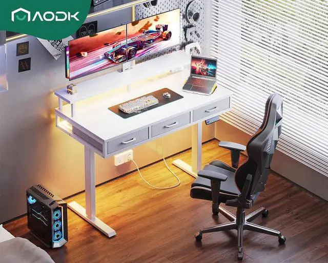 Alt view image 7 of 7 - AODK Electric Standing Desk with Drawers, 47 Inch Height Adjustable Small Desk with Power Outlets & LED Lights, Sit Stand Table with Monitor Stand for Home, Office, Workstation, White
