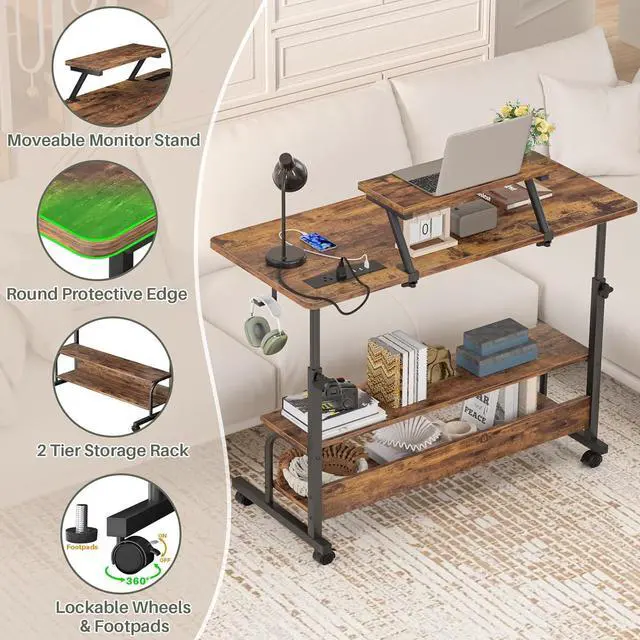 Alt view image 6 of 7 - Height Adjustable Standing Desk with Power Outlets and LED Lights - 39" Manual Stand Up Desk with Monitor Stand and Storage Shelves Small Mobile Rolling Computer Desk Portable Laptop Table, Rustic