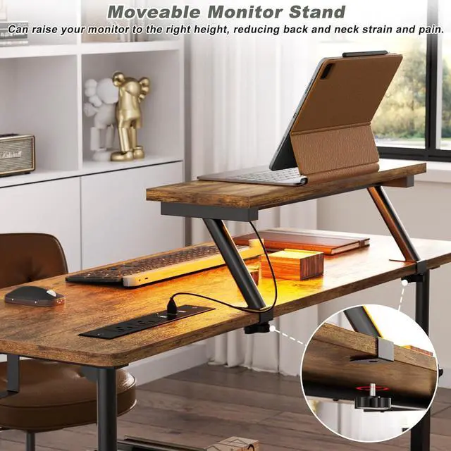 Alt view image 7 of 7 - Height Adjustable Standing Desk with Power Outlets and LED Lights - 39" Manual Stand Up Desk with Monitor Stand and Storage Shelves Small Mobile Rolling Computer Desk Portable Laptop Table, Rustic