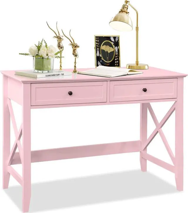 Main image of Writing Computer Desk with Drawers, Cute Modern Table for Bedrooms, Pink Vanity Table Office Desk with Drawers, Home Computer Desk for Girls Living Room Entryway, Pink