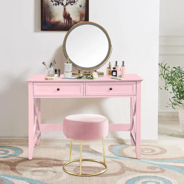 Alt view image 2 of 6 - Writing Computer Desk with Drawers, Cute Modern Table for Bedrooms, Pink Vanity Table Office Desk with Drawers, Home Computer Desk for Girls Living Room Entryway, Pink