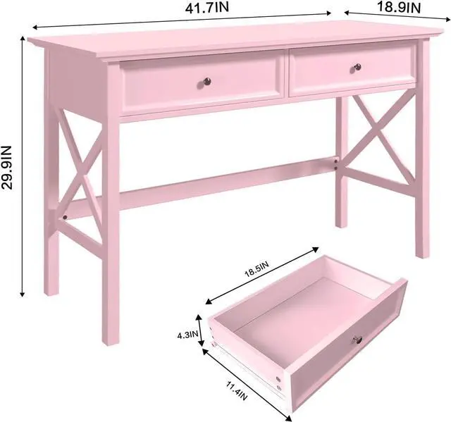 Alt view image 3 of 6 - Writing Computer Desk with Drawers, Cute Modern Table for Bedrooms, Pink Vanity Table Office Desk with Drawers, Home Computer Desk for Girls Living Room Entryway, Pink