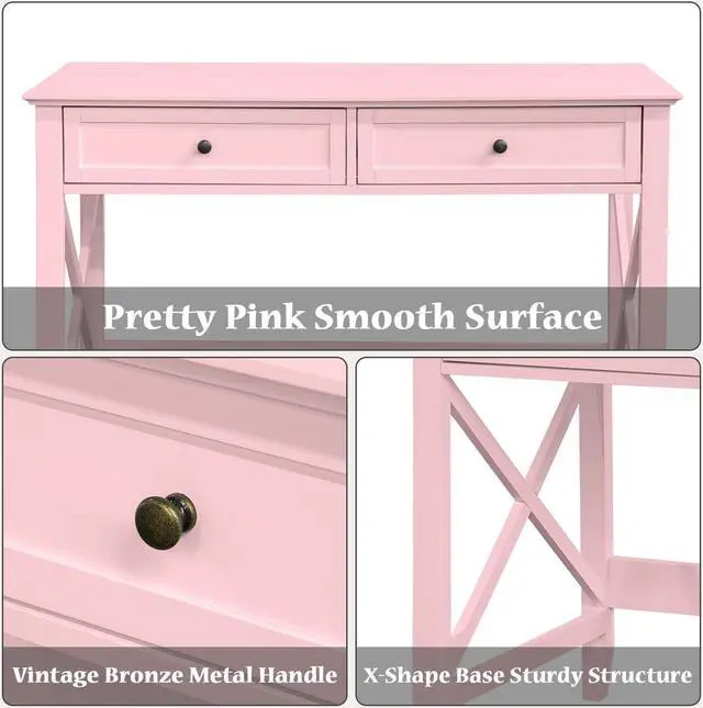 Alt view image 5 of 6 - Writing Computer Desk with Drawers, Cute Modern Table for Bedrooms, Pink Vanity Table Office Desk with Drawers, Home Computer Desk for Girls Living Room Entryway, Pink