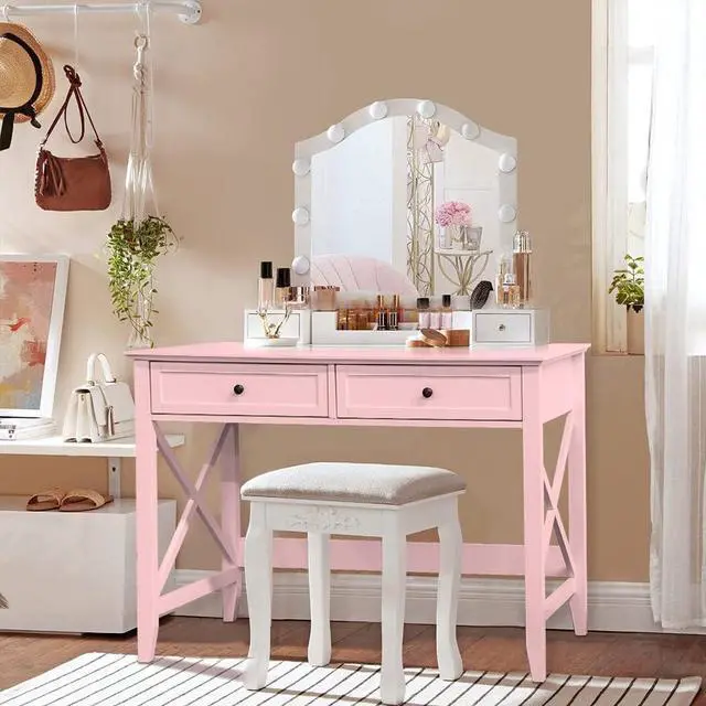 Alt view image 6 of 6 - Writing Computer Desk with Drawers, Cute Modern Table for Bedrooms, Pink Vanity Table Office Desk with Drawers, Home Computer Desk for Girls Living Room Entryway, Pink