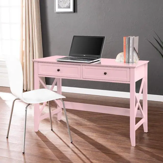 Alt view image 4 of 6 - Writing Computer Desk with Drawers, Cute Modern Table for Bedrooms, Pink Vanity Table Office Desk with Drawers, Home Computer Desk for Girls Living Room Entryway, Pink
