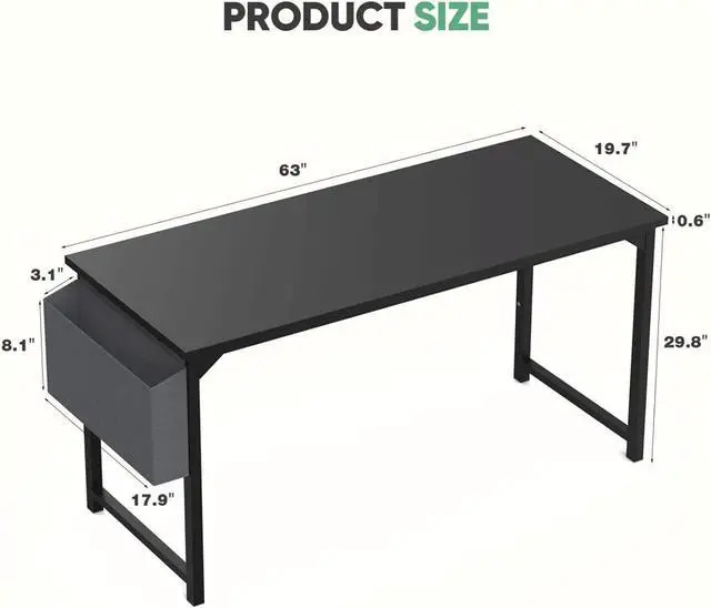 Alt view image 3 of 7 - 63 Inch Desk Office with Storage, Modern Simple Style Gaming Computer Table for Youth Student Adult, Metal and Wood Home Office Furniture, Black