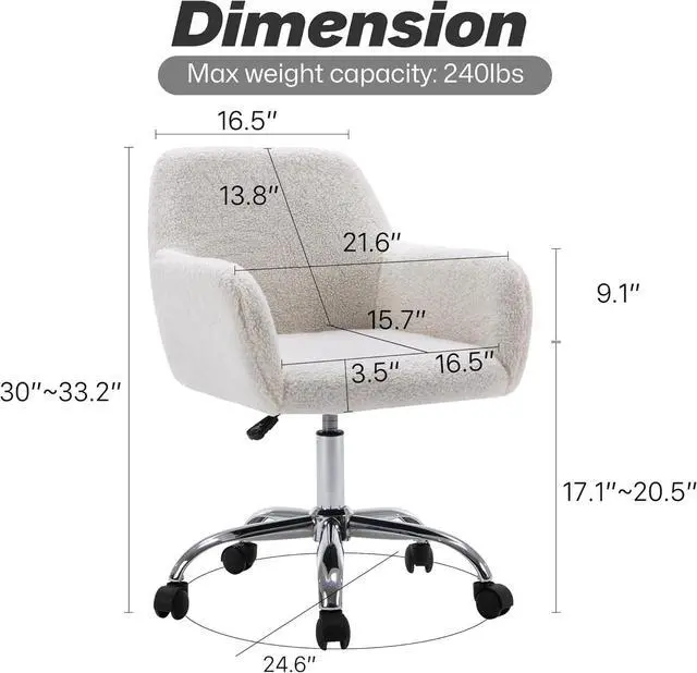 Alt view image 2 of 7 - KCC Faux Fur Vanity Makeup Desk Chair, Comfy Fluffy Swivel Modern Leisure Armchair with Wheels, Upholstered Fuzzy Height Adjustable for Teens Women Girls Elegant Home Office