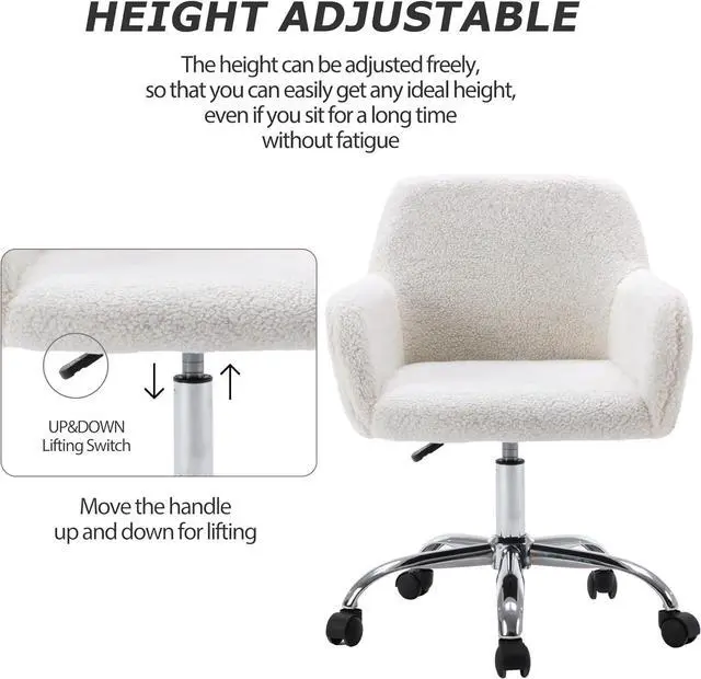 Alt view image 3 of 7 - KCC Faux Fur Vanity Makeup Desk Chair, Comfy Fluffy Swivel Modern Leisure Armchair with Wheels, Upholstered Fuzzy Height Adjustable for Teens Women Girls Elegant Home Office