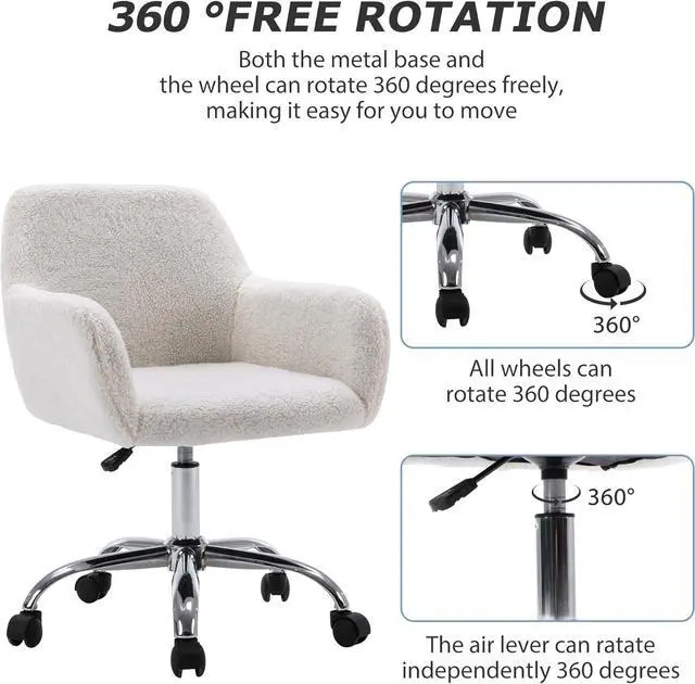 Alt view image 4 of 7 - KCC Faux Fur Vanity Makeup Desk Chair, Comfy Fluffy Swivel Modern Leisure Armchair with Wheels, Upholstered Fuzzy Height Adjustable for Teens Women Girls Elegant Home Office