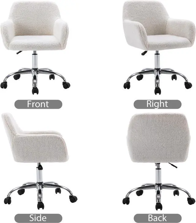 Alt view image 6 of 7 - KCC Faux Fur Vanity Makeup Desk Chair, Comfy Fluffy Swivel Modern Leisure Armchair with Wheels, Upholstered Fuzzy Height Adjustable for Teens Women Girls Elegant Home Office