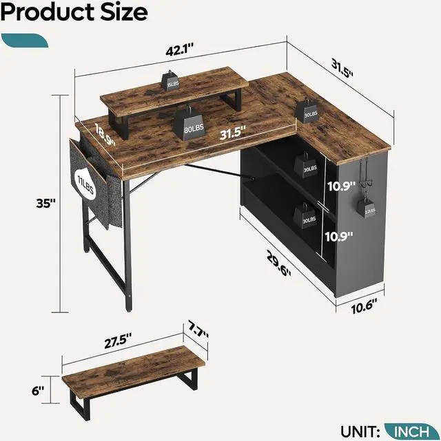 Alt view image 3 of 7 - Bestier Small L Shaped Desk with LED Lights, 42 Reversible Computer Desk with Open Storage Cabinet & Monitor Stand, Corner Desk with Side Storage Bag for Home Office Bedroom, Rustic Brown