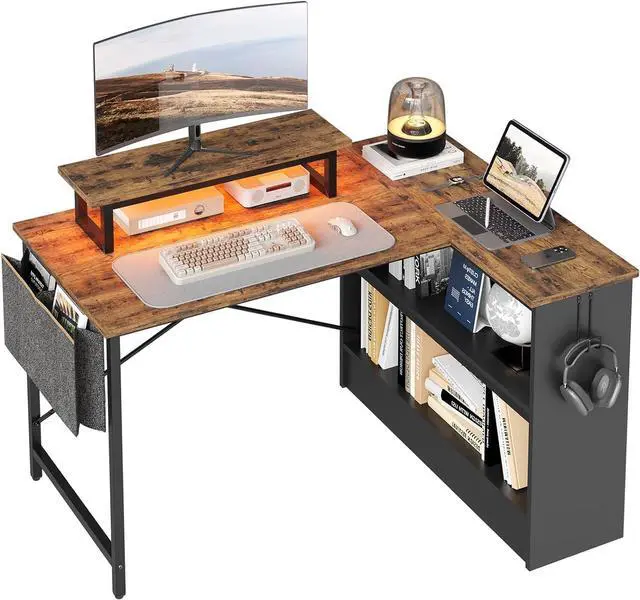 Main image of Bestier Small L Shaped Desk with LED Lights, 42 Reversible Computer Desk with Open Storage Cabinet & Monitor Stand, Corner Desk with Side Storage Bag for Home Office Bedroom, Rustic Brown
