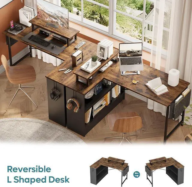 Alt view image 4 of 7 - Bestier Small L Shaped Desk with LED Lights, 42 Reversible Computer Desk with Open Storage Cabinet & Monitor Stand, Corner Desk with Side Storage Bag for Home Office Bedroom, Rustic Brown