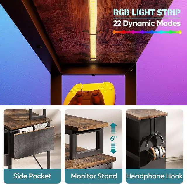 Alt view image 6 of 7 - Bestier Small L Shaped Desk with LED Lights, 42 Reversible Computer Desk with Open Storage Cabinet & Monitor Stand, Corner Desk with Side Storage Bag for Home Office Bedroom, Rustic Brown