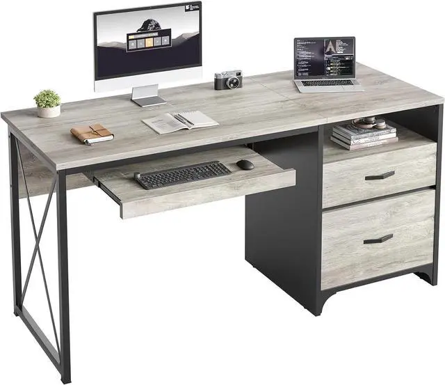 Main image of Bestier Office Desk with Drawers, 55 inch Industrial Computer Desk with Storage, Wood Teacher Desk with Keyboard Tray & File Drawer for Home Office, Light Gray Oak
